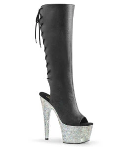 PLEASER BEJEWELED-2018-7, 7" Rhinestone Platform Knee High Boots Open Toe/Back