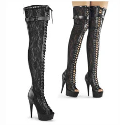 PLEASER Delight-3025ML, 6" Mesh Lace Up Thigh High Boots