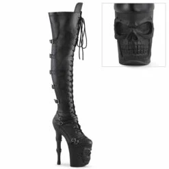 PLEASER RAPTURE-3045, Bone Heels With Skull Sculpted Platform Thigh High Boots
