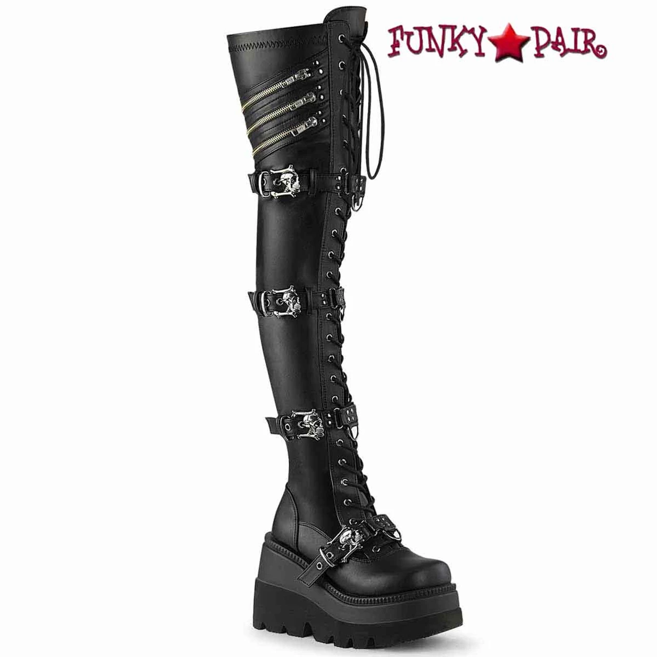 Demonia | SHAKER-420, Wedge Thigh High Boots With Quadruple Skull Buckles 4 Demonia | SHAKER-420, Wedge Thigh High Boots With Quadruple Skull Buckles - Image 2