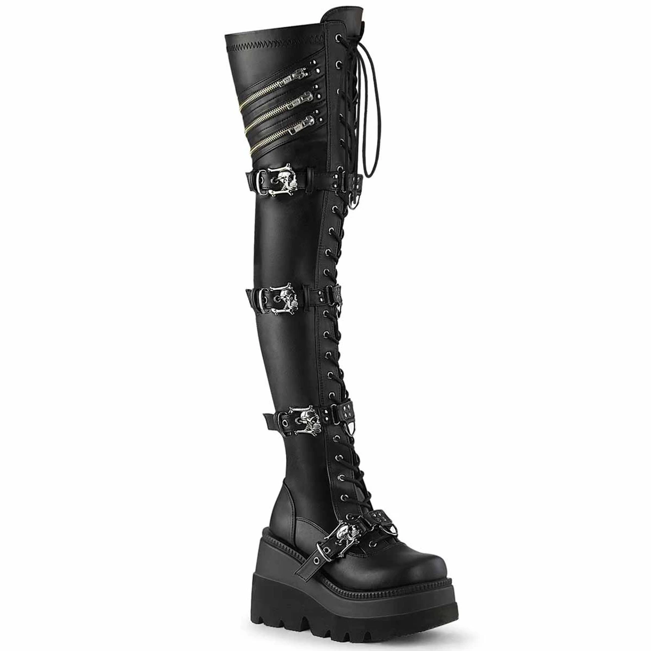 Demonia | SHAKER-420, Wedge Thigh High Boots With Quadruple Skull Buckles 3 Demonia | SHAKER-420, Wedge Thigh High Boots With Quadruple Skull Buckles