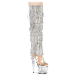 PLEASER SPECTATOR-30109C-RSF, 7" Clear Thigh High Boots With Fringe