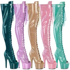 PLEASER ADORE-3021GP, 7" Lace-Up Glitter Peep Toe Thigh High Boots
