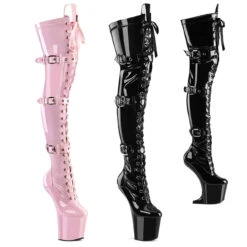 PLEASER CRAZE-3028, 8" Heelless Thigh High Boots With Buckles