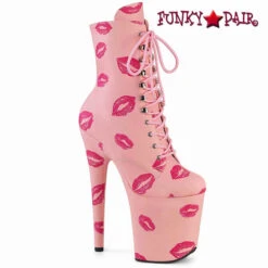 PLEASER FLAMINGO-1020KISSES, 8 Inch Ankle Boots With Red Lips Print -PL Boots Shop flamingo 1020kiss bppu 66586.1703747817