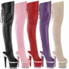 PLEASER SPECTATOR-3030, Thigh High Boots With Open Back And Peep Toe