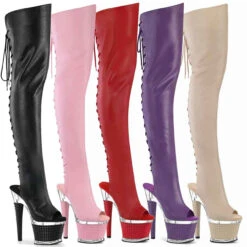 PLEASER SPECTATOR-3030, Thigh High Boots With Open Back And Peep Toe