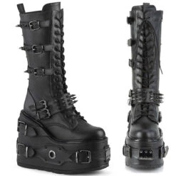 Demonia | SWING-327 Women's Punk Platform Wedge Knee High Boots With Spike Buckles