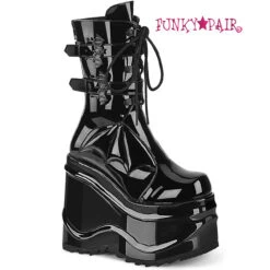 Demonia | WAVE-150, Gothic Wedge Platform Boots With Bat Buckles -PL Boots Shop wave 150 b 67230.1649750267