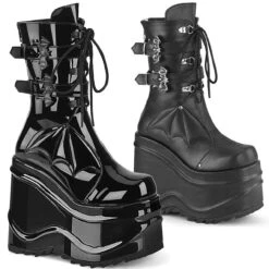 Demonia | WAVE-150, Gothic Wedge Platform Boots With Bat Buckles